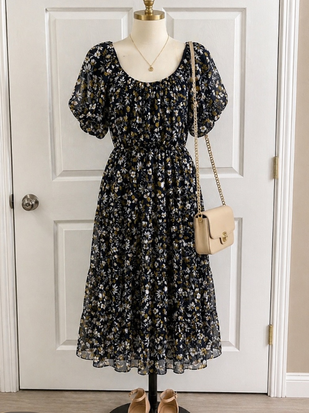 Bila-77 Blue Floral Puff-Sleeve Midi Dress Sz Med